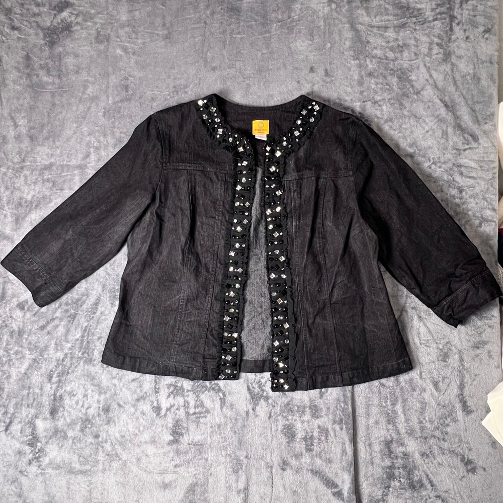 Ruby Rd Woman Black Denim Rhinestone Ruffle Open Front Jacket 18W 3/4 Sleeve